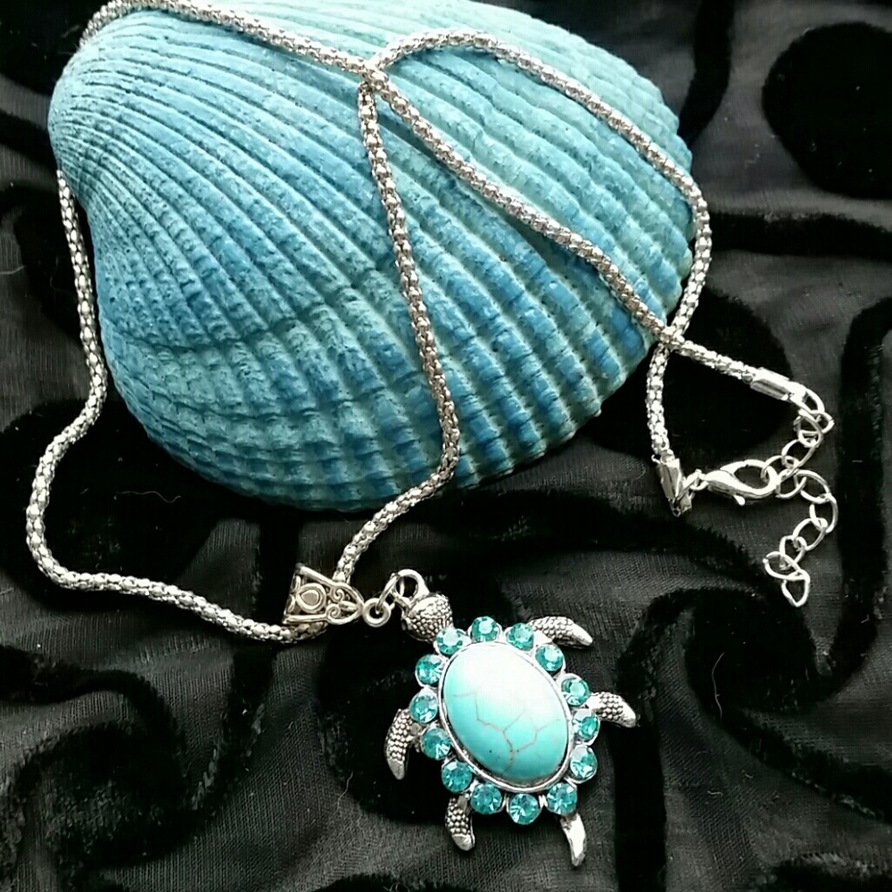 Turtle necklace with turquoise and rhinestones
